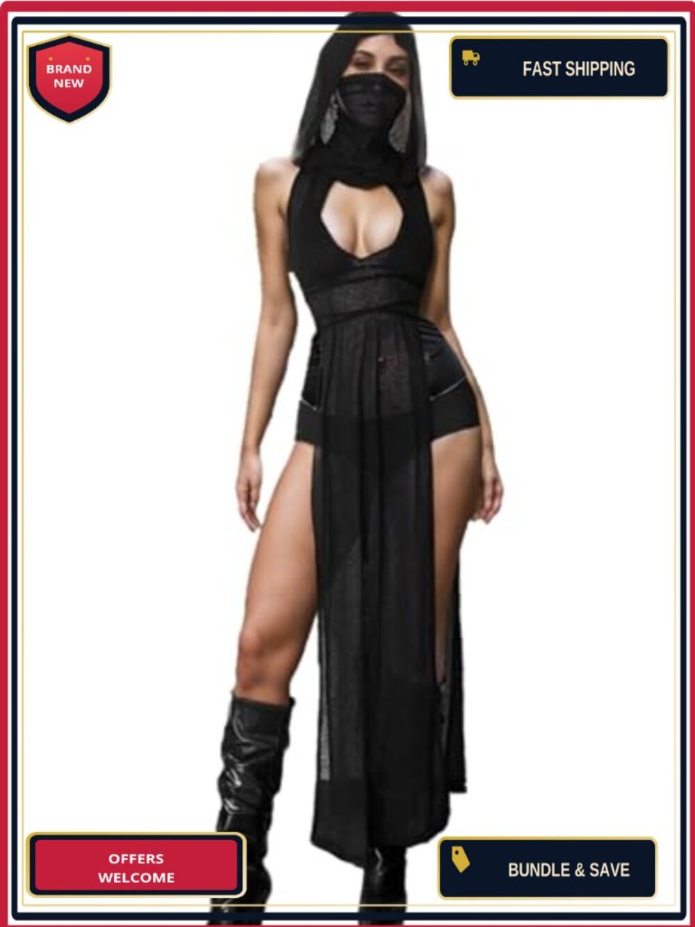 Sheer Mesh Gothic Mock Neck Sleeveless High Slit Rave Dress with Hood